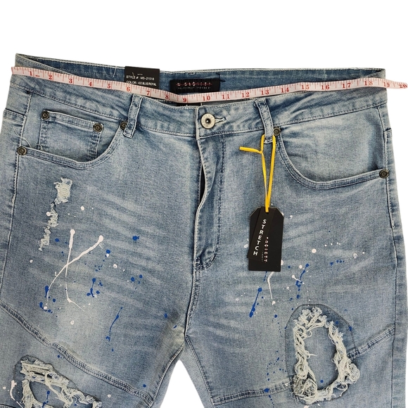 Men’s Distressed Paint Splatter Light Blue Wash Denim Shorts Size 40 - Picture 11 of 11